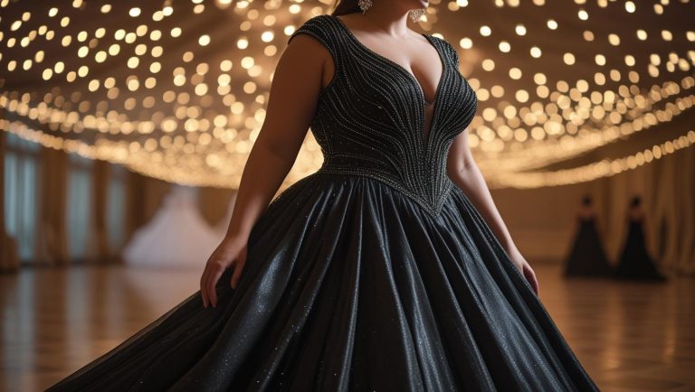 A dramatic plus size black ball gown under twinkling lights.