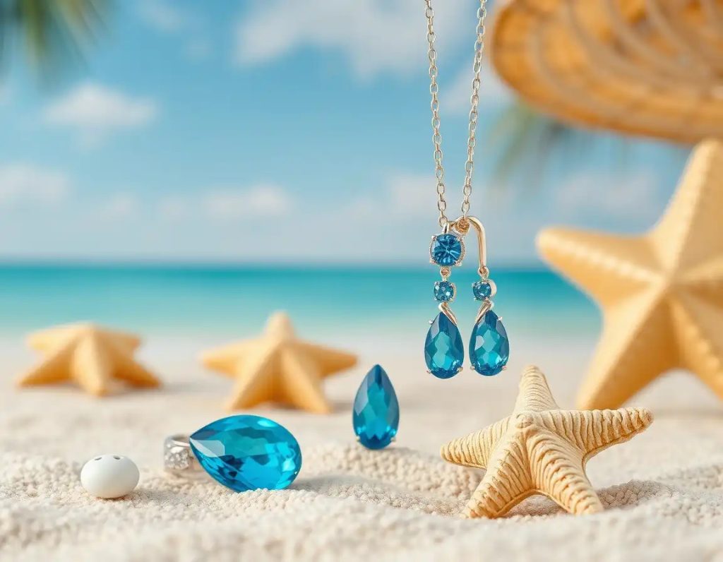 Jewelry against beach-themed backdrop