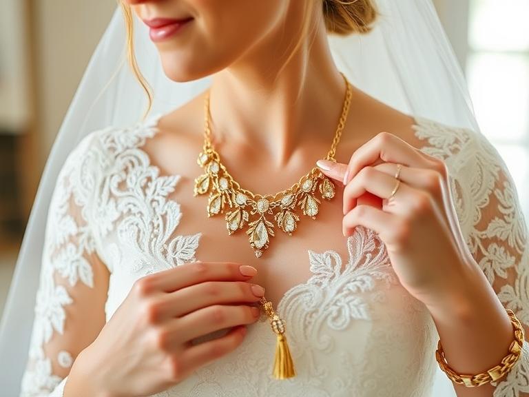 Bride adjusting a convertible gold necklace that transforms into a bracelet.