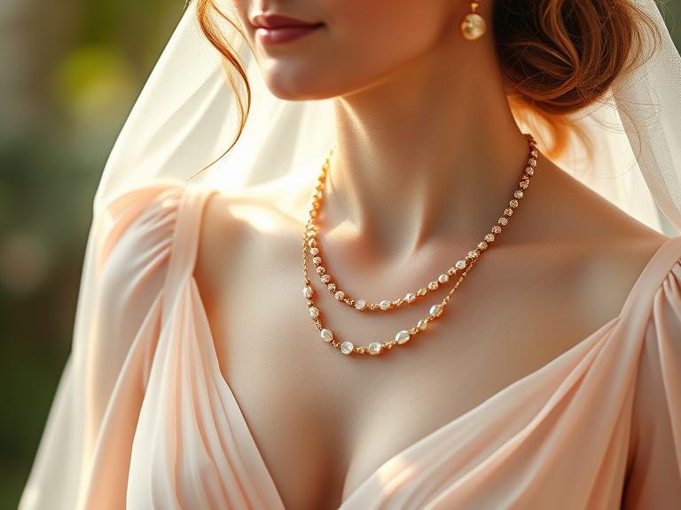Bride in a blush-toned gown wearing layered rose gold necklaces, soft morning light.