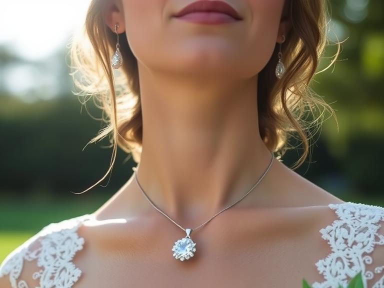 Bride wearing a lab-grown diamond pendant under natural sunlight, outdoor wedding setting.