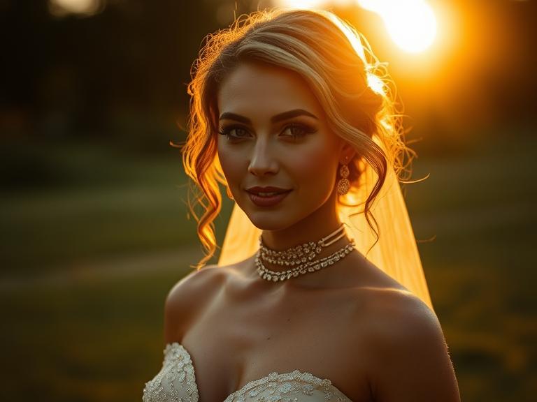 Golden hour portrait of a bride in a light champagne gown wearing a gold choker.