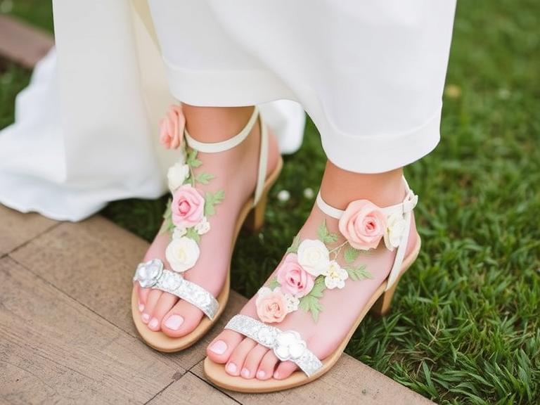 Perfect for outdoor ceremonies, floral appliqué sandals add a dreamy, feminine touch.