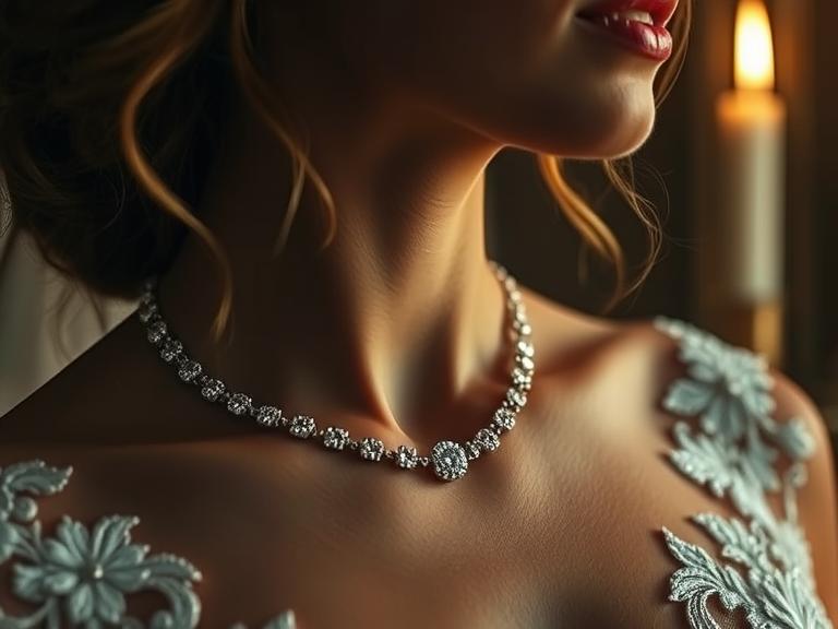 A close-up of a bride wearing a diamond tennis necklace under soft candlelight, luxurious editorial tone.
