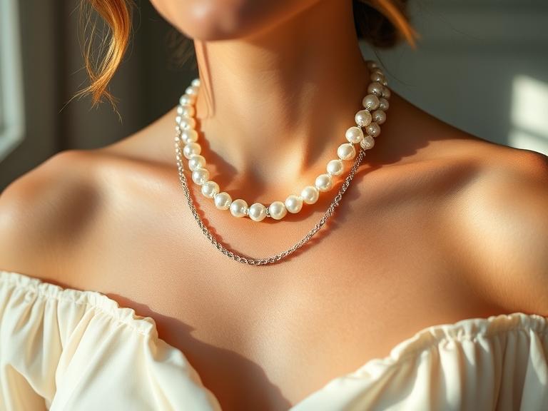 Natural light photo of a pearl choker layered with a delicate chain, styled with a soft off-shoulder gown.