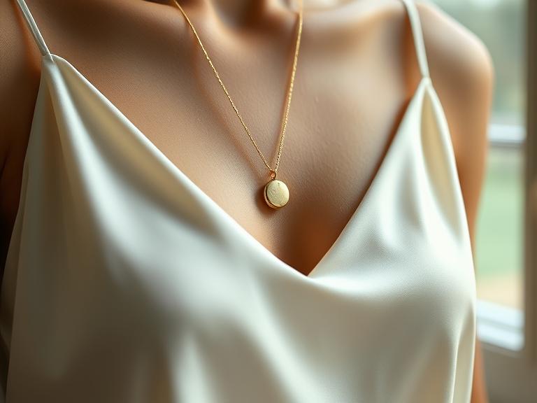 Simple gold pendant on a satin slip gown, soft daylight window shot.