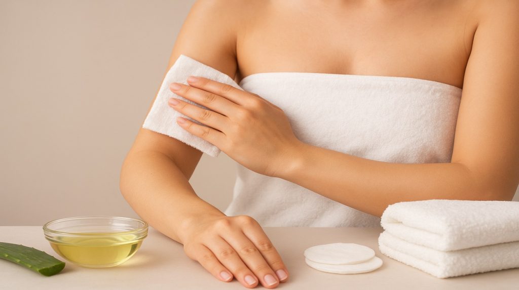 Woman gently removing wax residue from her arm using a soft cloth, with oil, aloe vera, cotton pads, and spa towels on a clean surface.