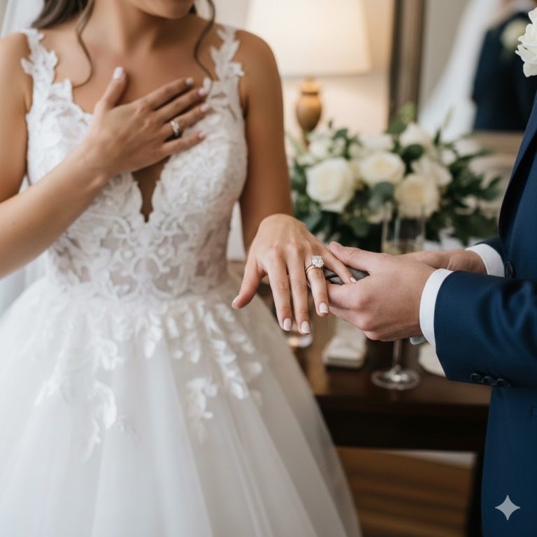 A close-up of a groom placing a wedding band on a bride's finger while she wears her engagement ring on her other hand.