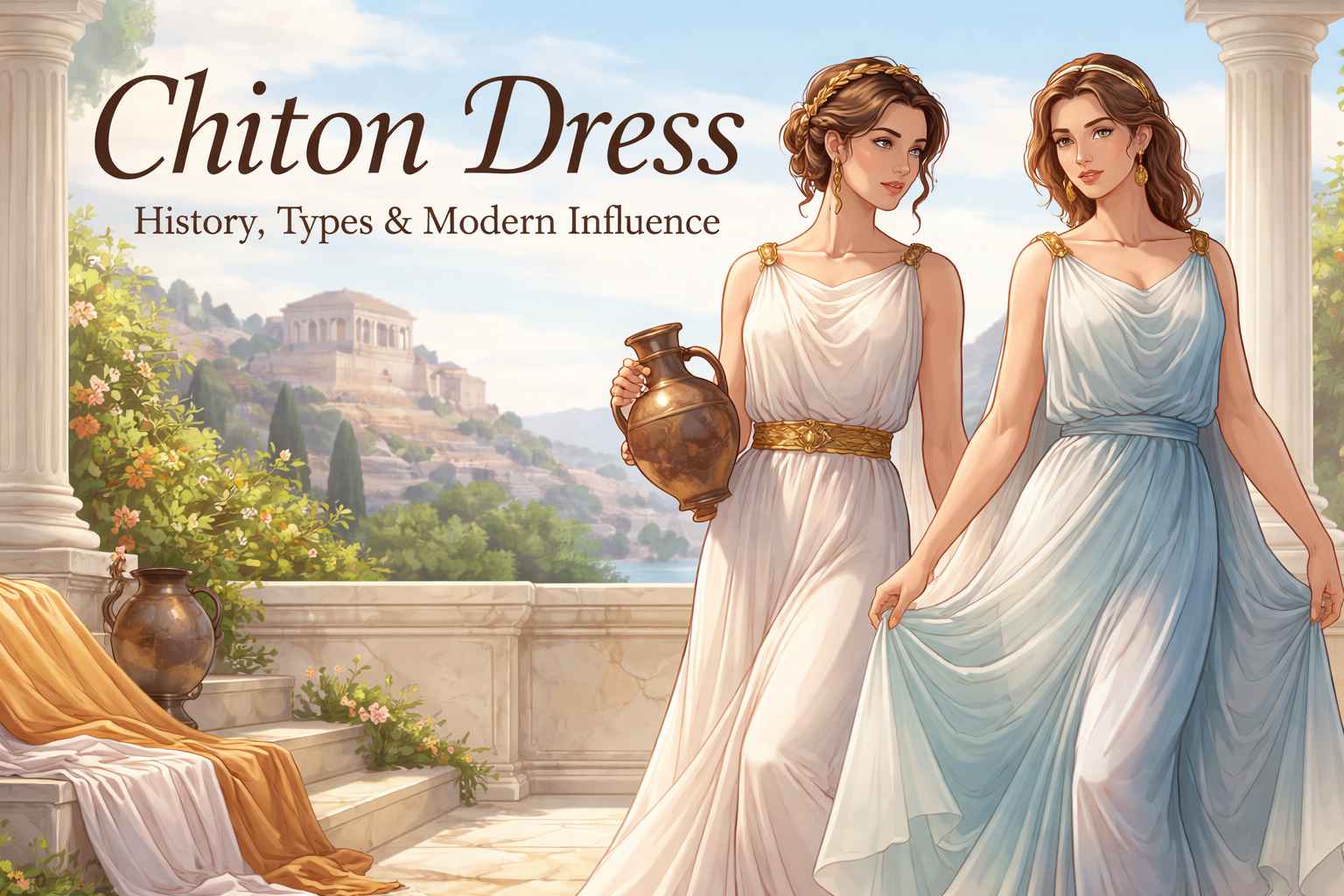 Ancient Greek chiton dress draped on a woman in classical style with soft linen fabric